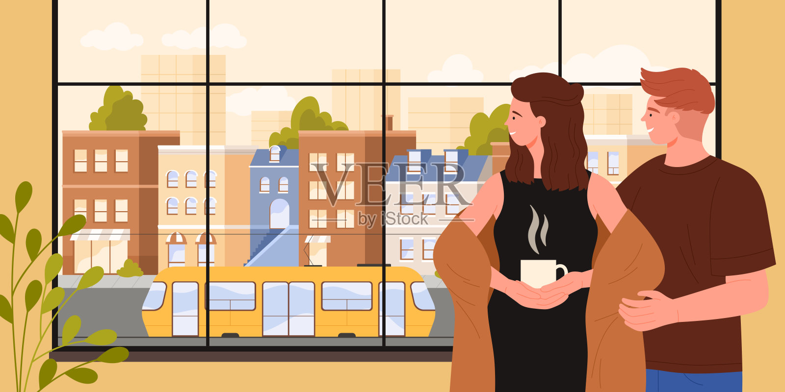 一对夫妇看着城市街道上有轨电车的窗户,年轻的男人和女人拥抱着向外看插画图片素材