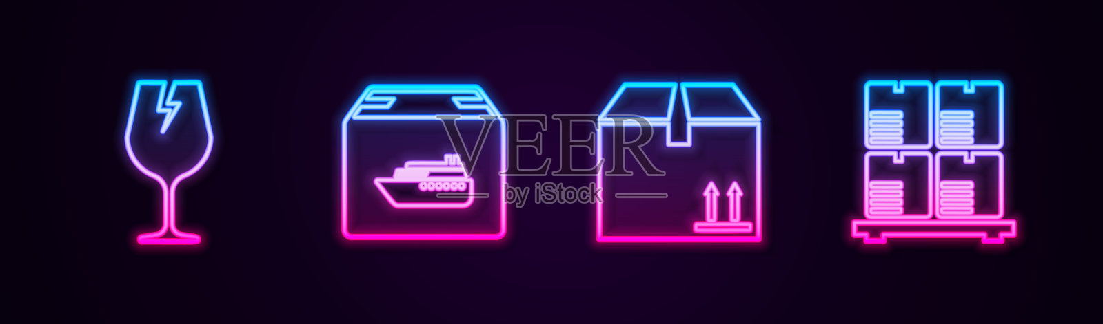 主营业务:易碎玻璃,带箱子的货船,纸板运输和托盘运输。发光的霓虹灯图标。向量插画图片素材