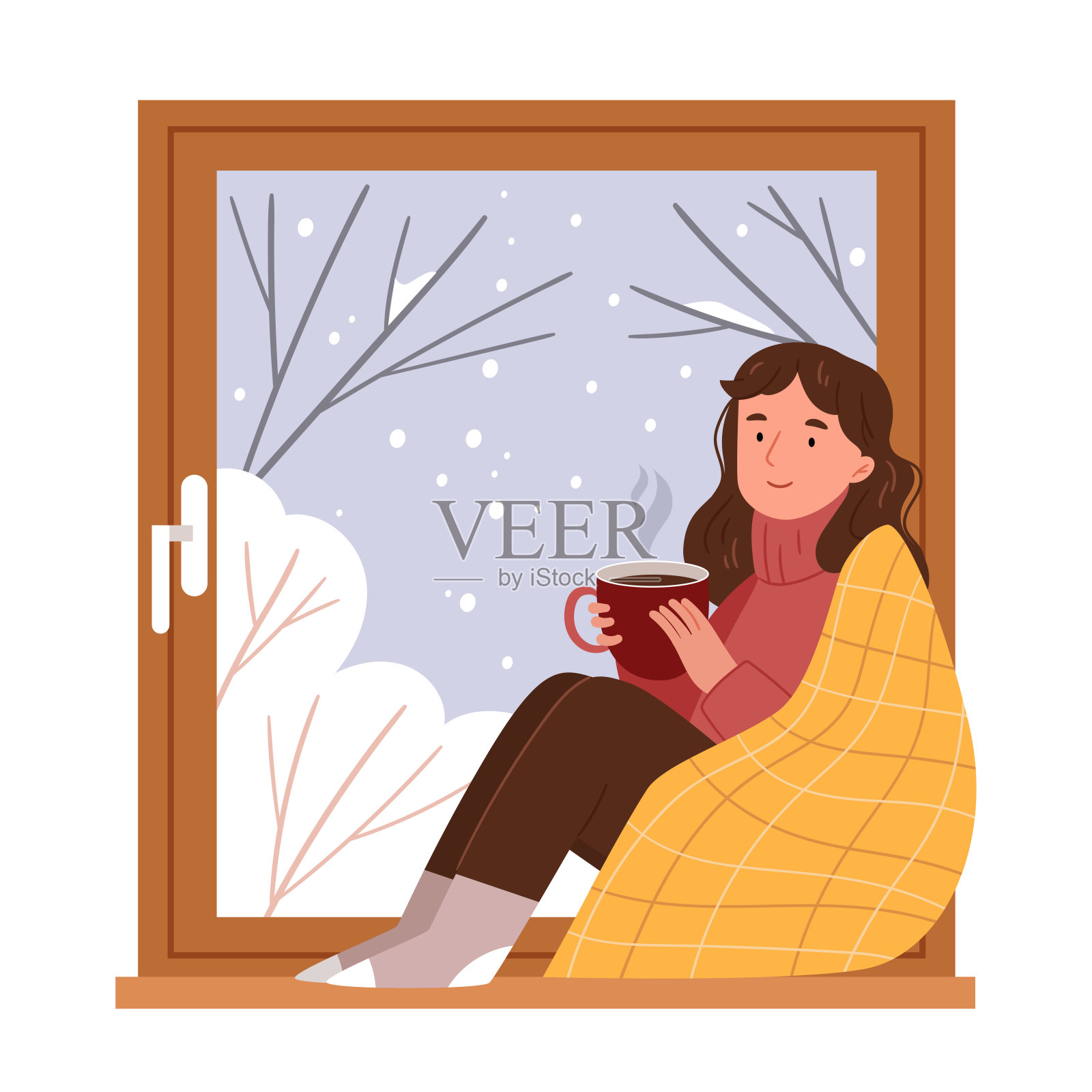 女孩坐在窗台上,用毯子裹着,喝着冬天的饮料。窗外冬天的背景。手绘风格插画图片素材