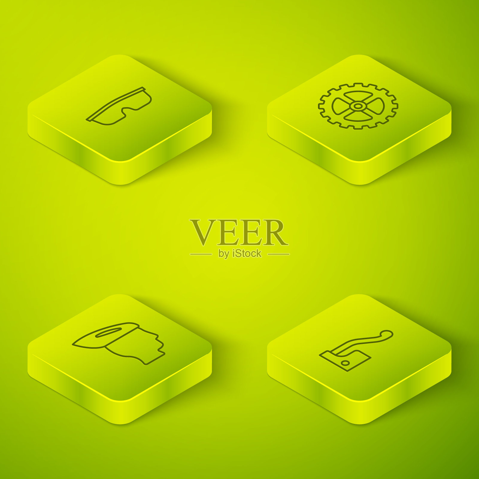 设置等距线自行车链轮曲柄,头盔,刹车和运动自行车太阳镜图标。向量插画图片素材