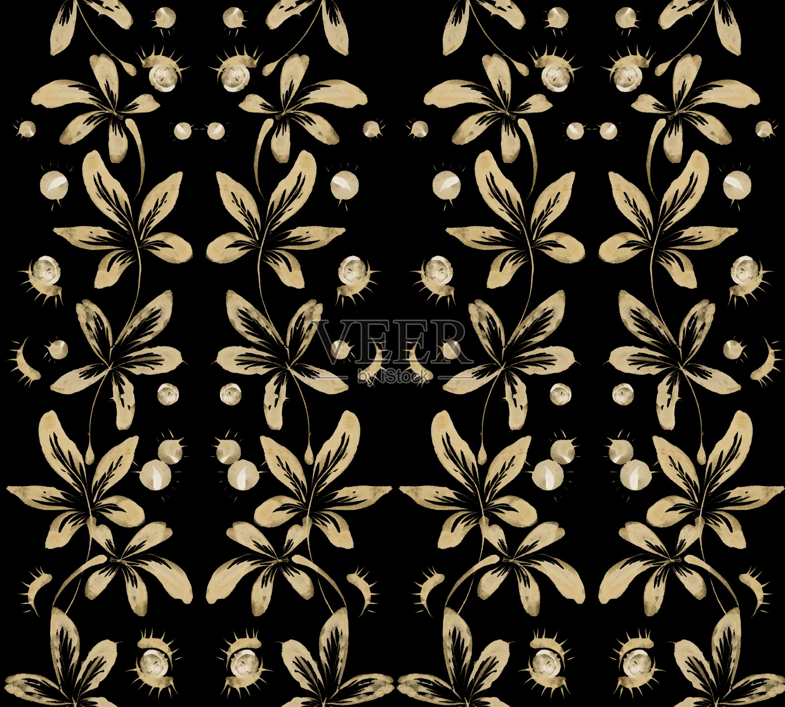 花卉水彩锦缎无缝图案从手绘银栗树叶和金色坚果在黑色背景插画图片素材