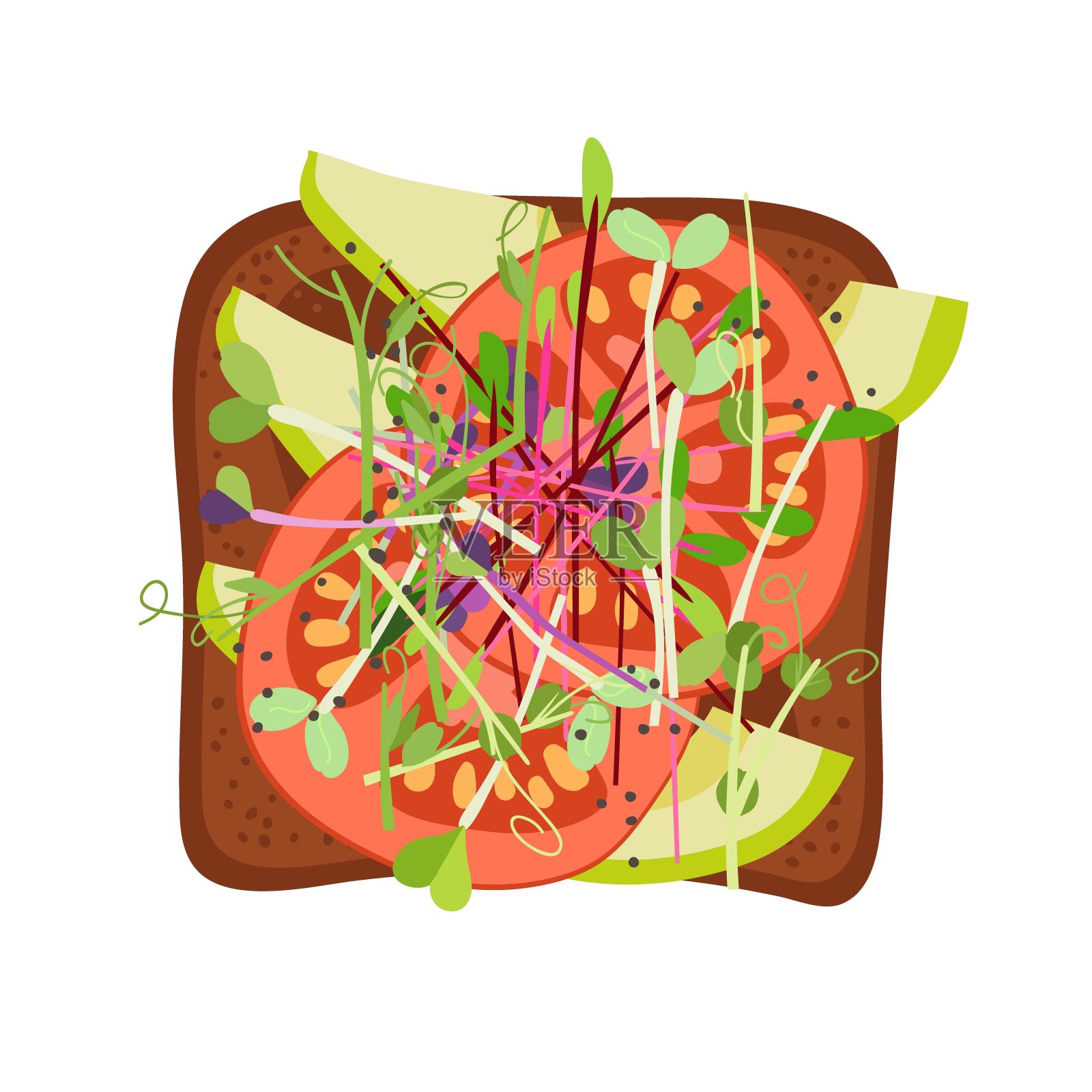 开放式吐司配牛油果,蔬菜,番茄。午餐,晚餐,早餐小吃。矢量插图隔离在白色背景上。平面设计风格的菜单,咖啡馆,餐厅,海报,横幅,贴纸插画图片素材