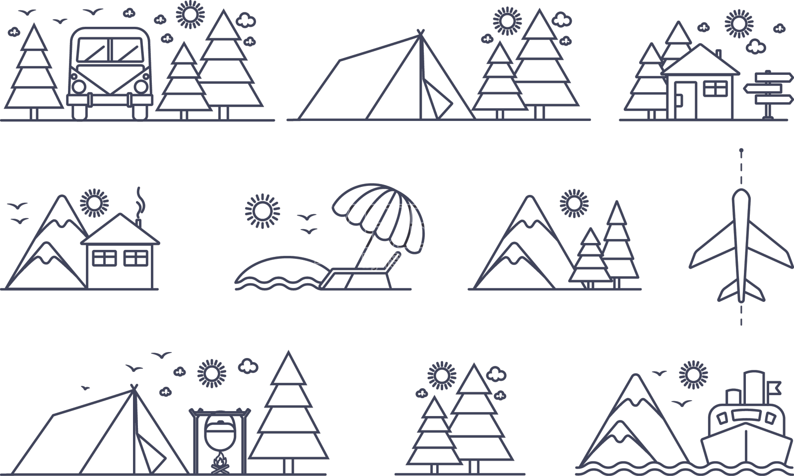 一套简单的旅行图标在度假远足设计元素图片