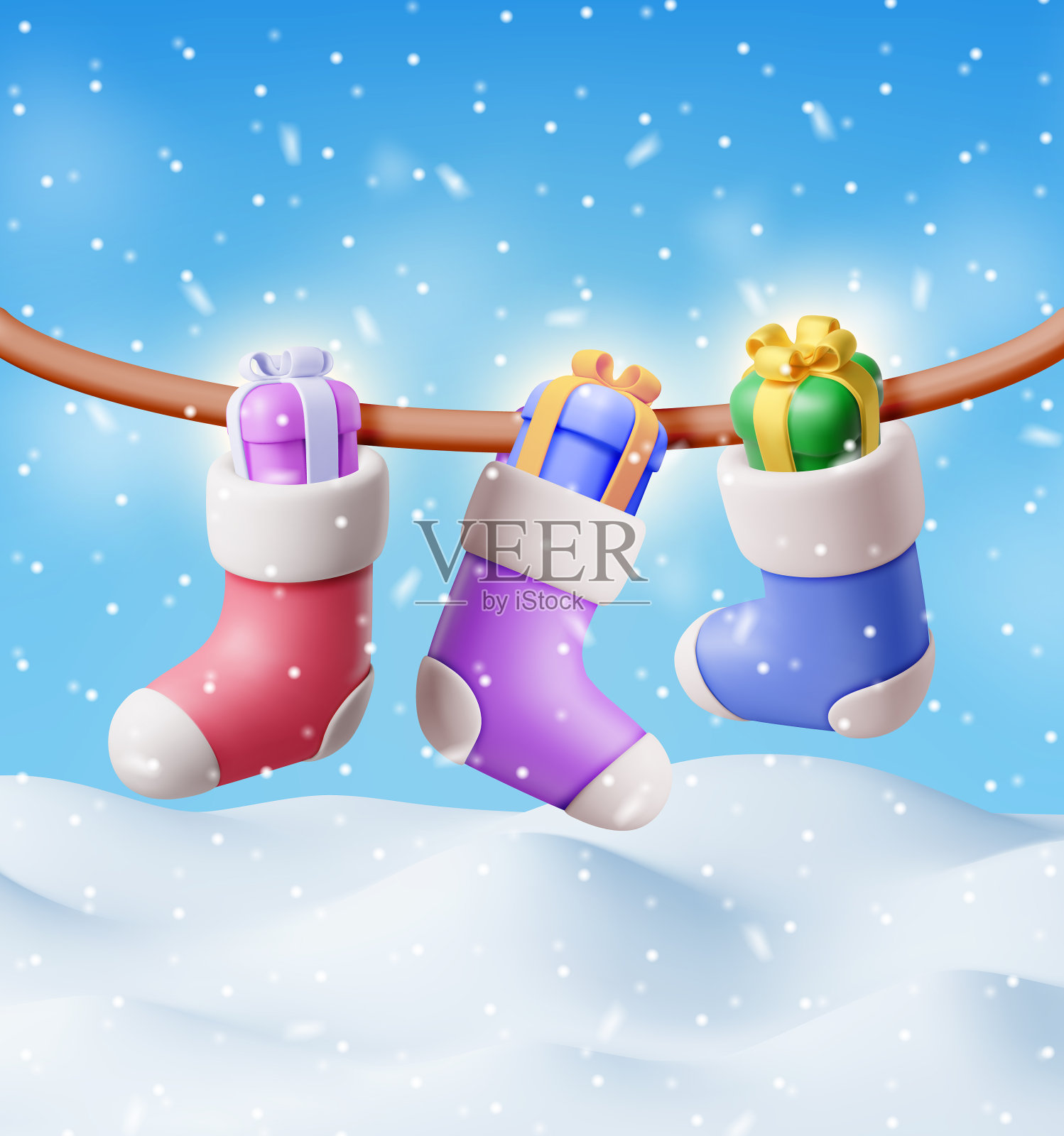 3d圣诞袜绳上满是礼物插画图片素材