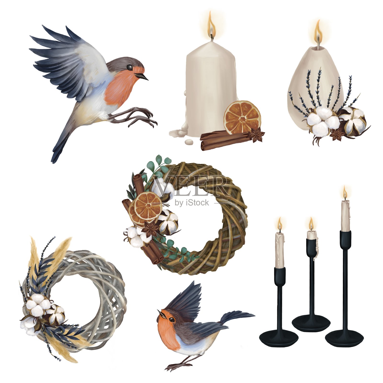 水彩圣诞集与不同的对象。插画图片素材