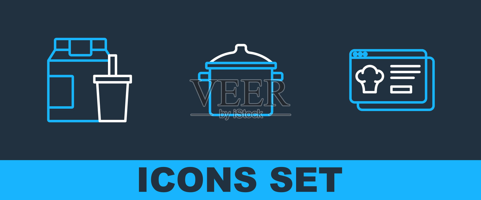 在线订购和送货,并设置锅图标。向量插画图片素材