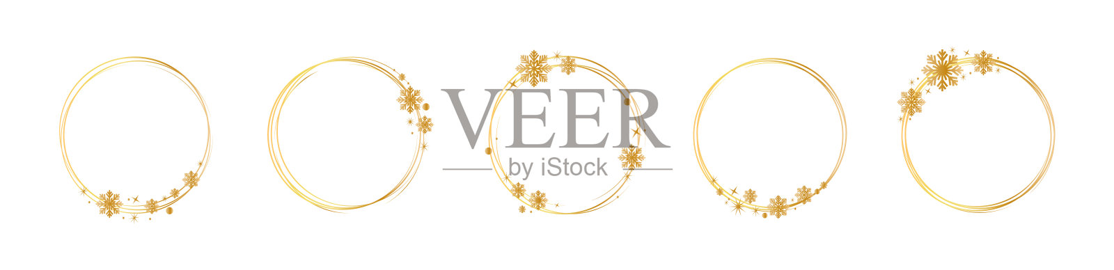 一套圆形金色框架与一个金色的雪花。金色闪闪的抽象圆形框架。奢华的黄金镶边。框架与雪花和星星的标志,图标,vip卡,礼品。插画图片素材