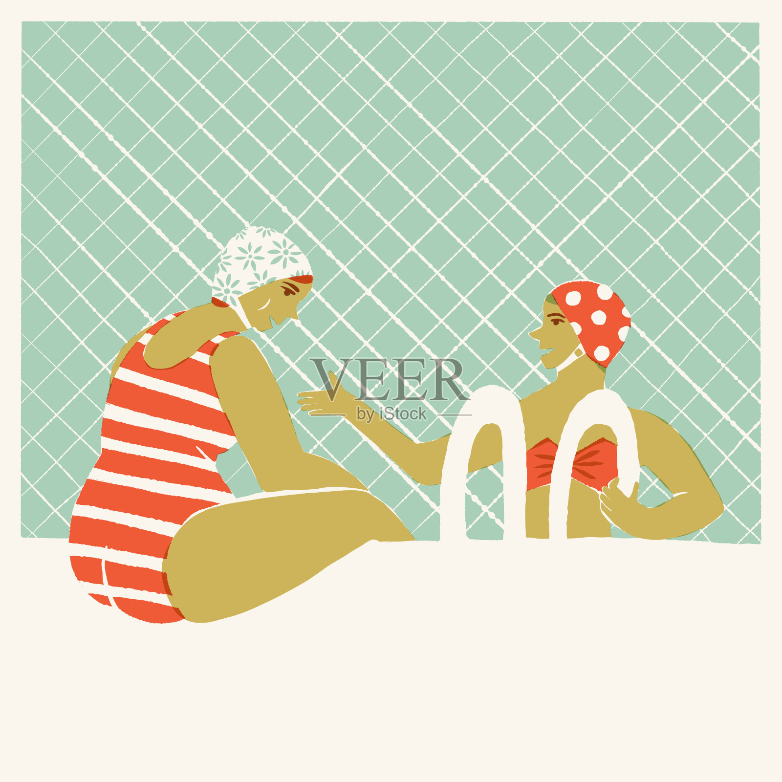 复古游泳的女人们在泳池里聊天,花样游泳的女运动员在水里聊天。矢量复古中世纪风格的艺术印刷,手绘海报,1950年代的墙壁艺术。插画图片素材