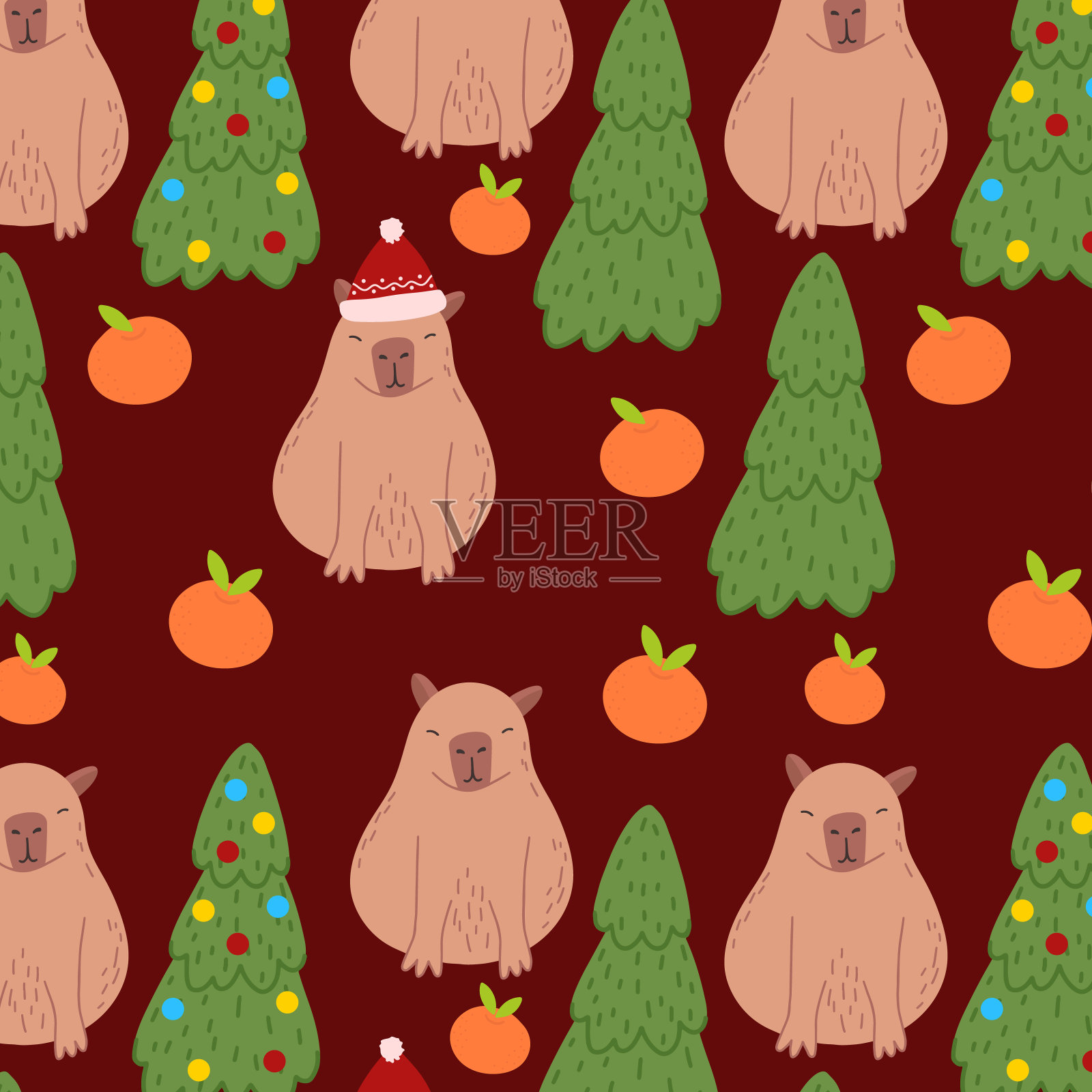圣诞水豚无缝图案。新年卡皮巴拉矢量插图织物,儿童服装,包装纸,儿童纺织品插画图片素材