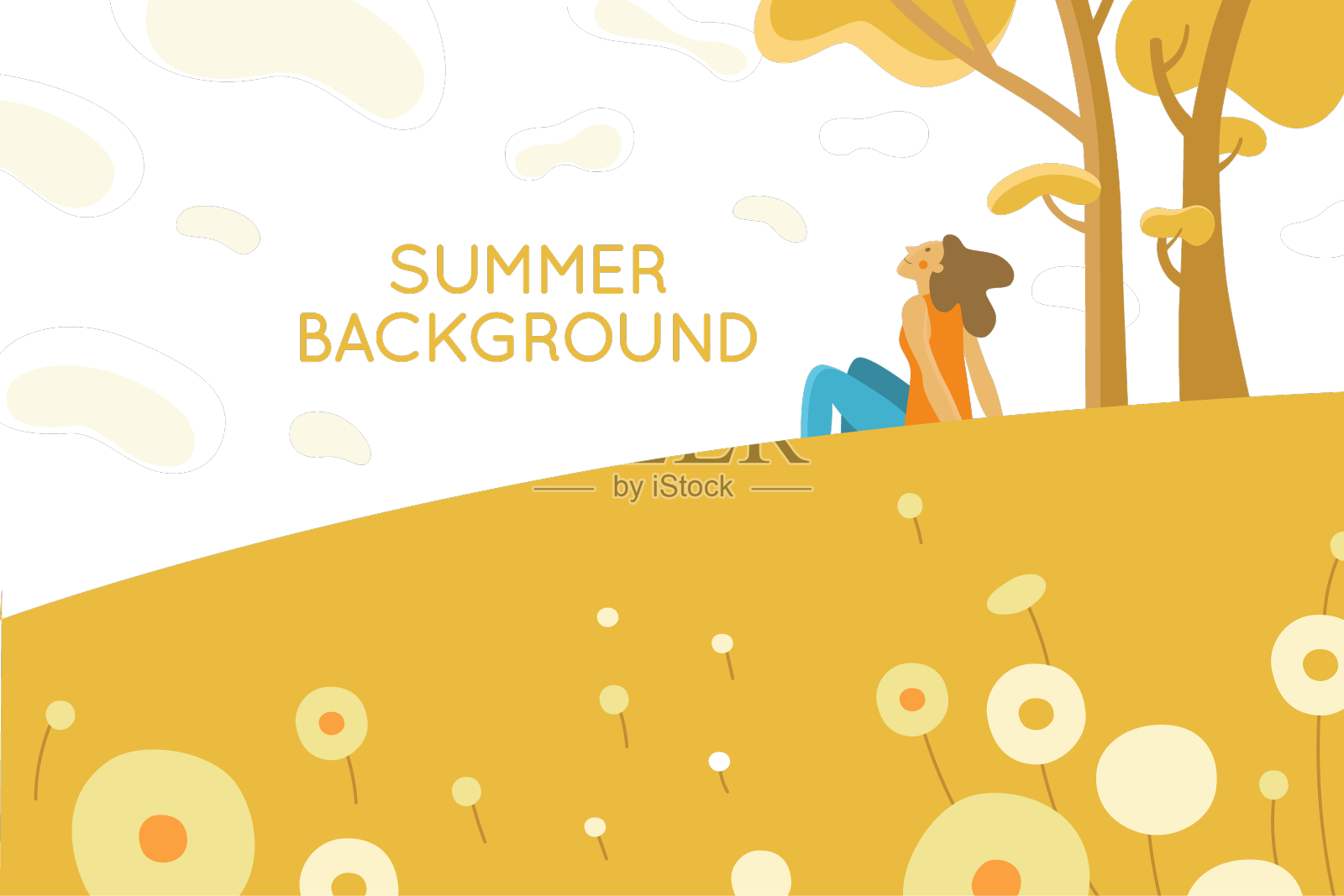 在平面简单的风格-女孩享受夏天设计元素图片