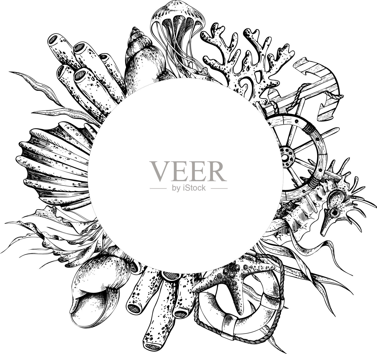 航海圆形框架模板与手绘设计元素图片