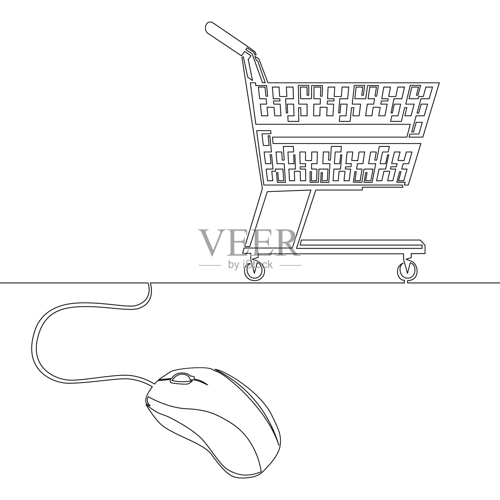 连续线鼠标连接到购物车插画图片素材