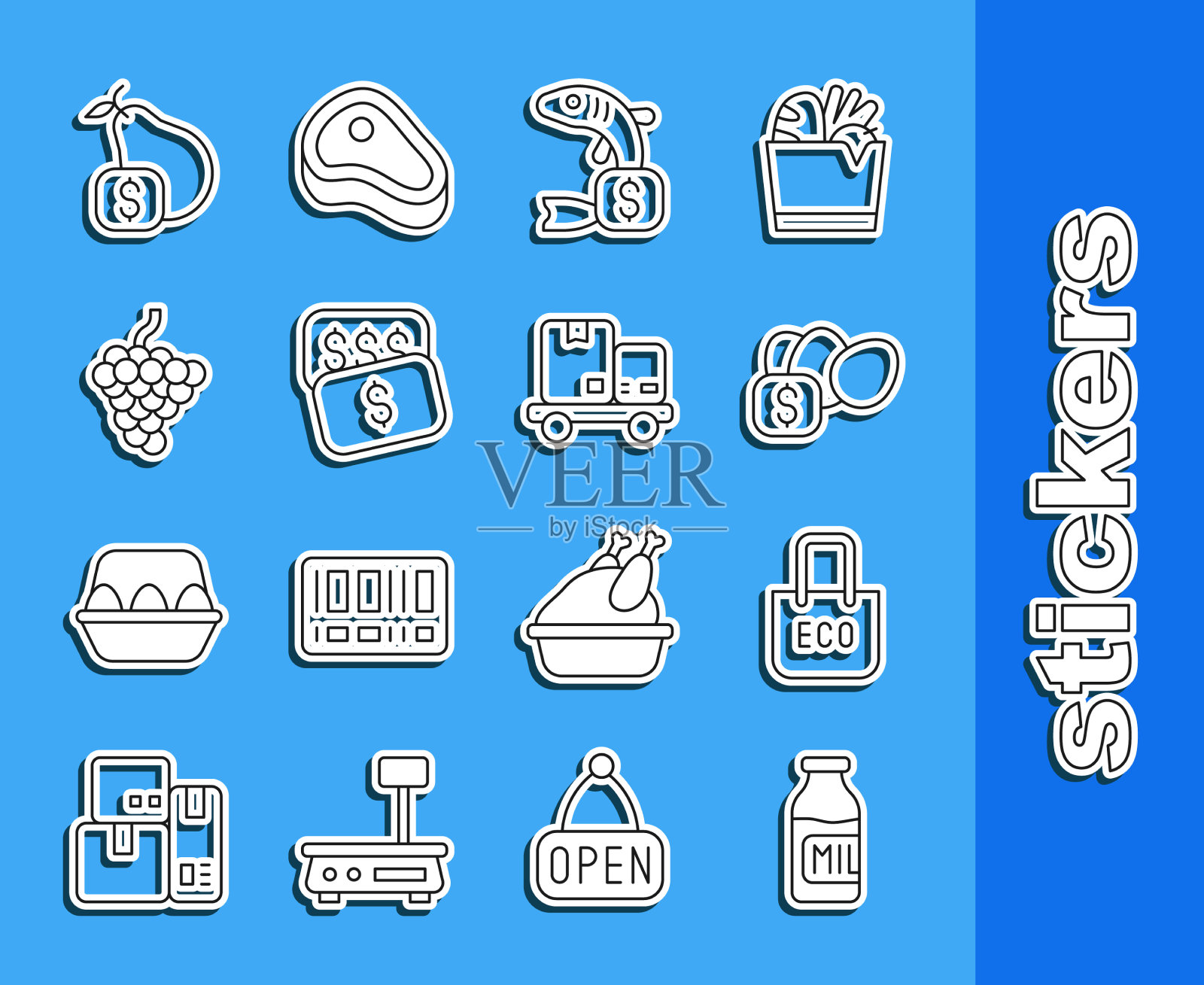 设置线瓶与牛奶购物袋回收插画图片素材