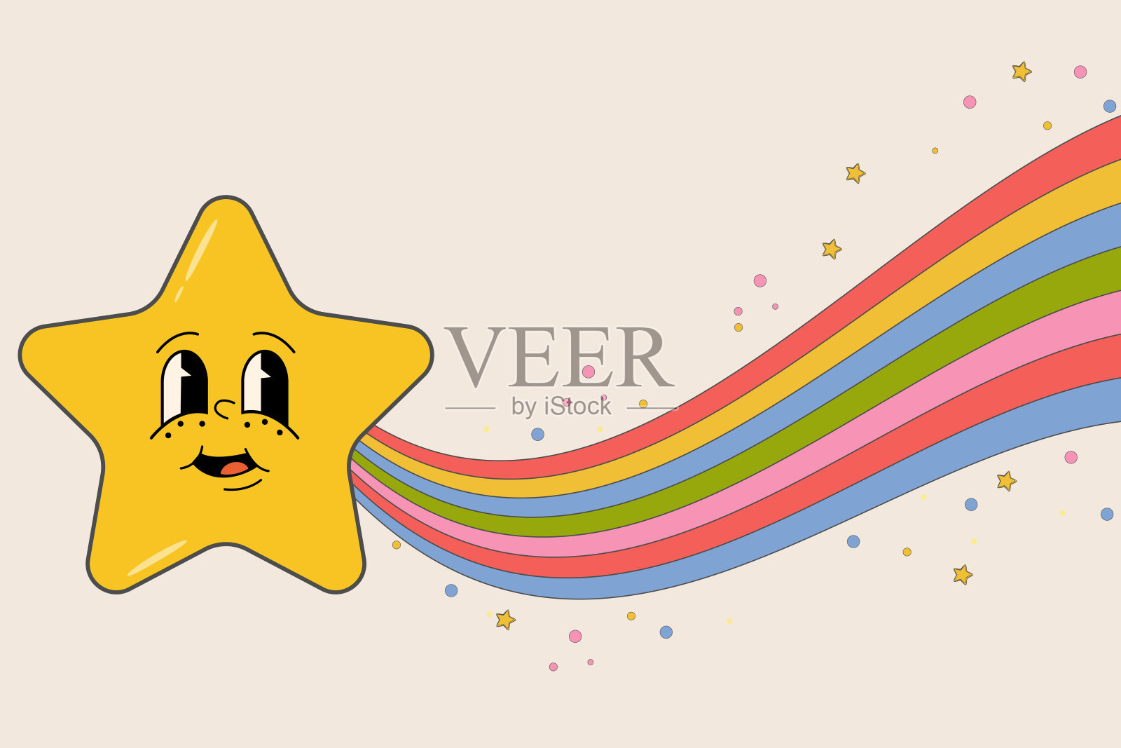 有彩虹的可爱的时髦星星。复古的六七十年代风格的经典卡片。插画图片素材