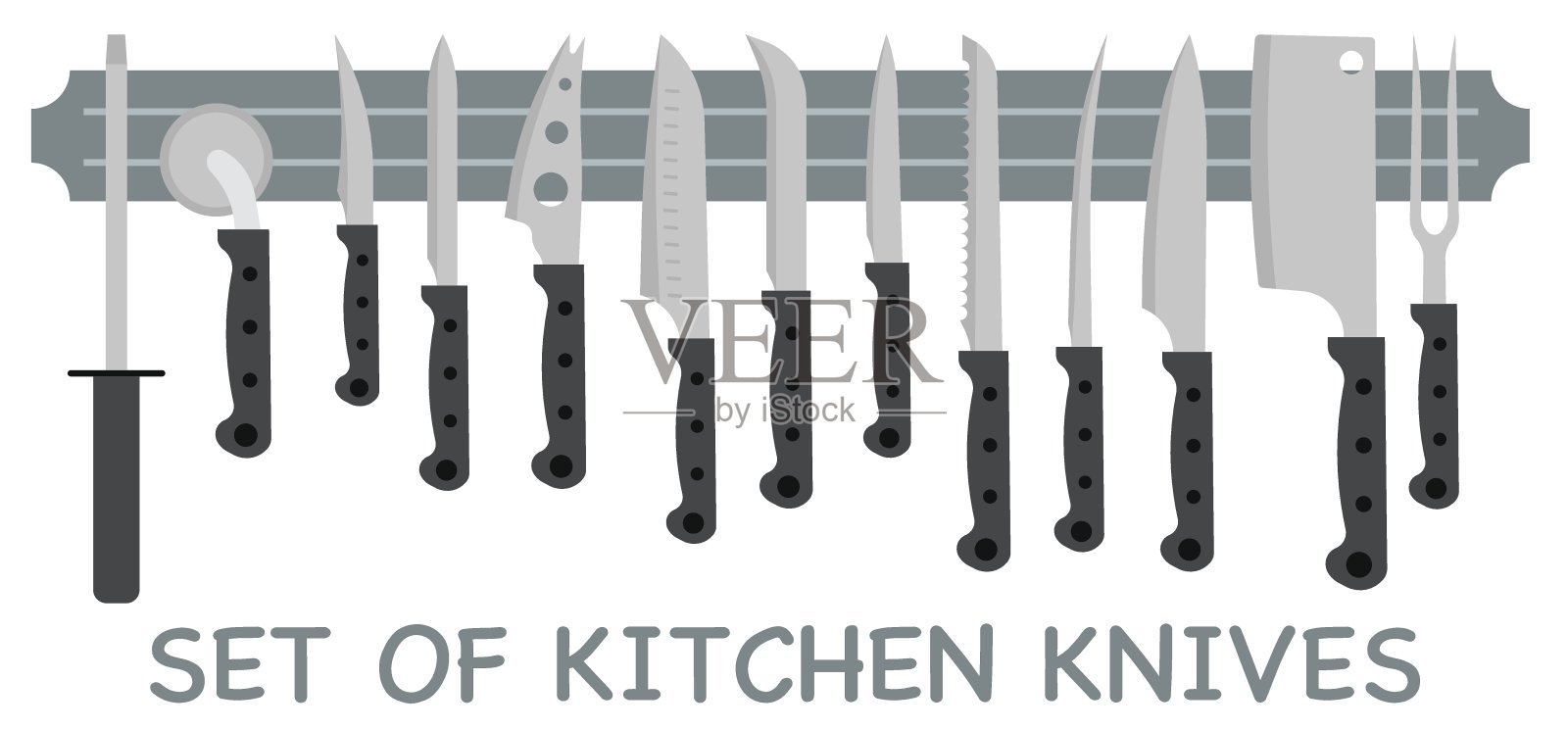 一套厨房刀具矢量插图。平面设计刀具,黑色磁性手柄。厨房的标志。插画图片素材