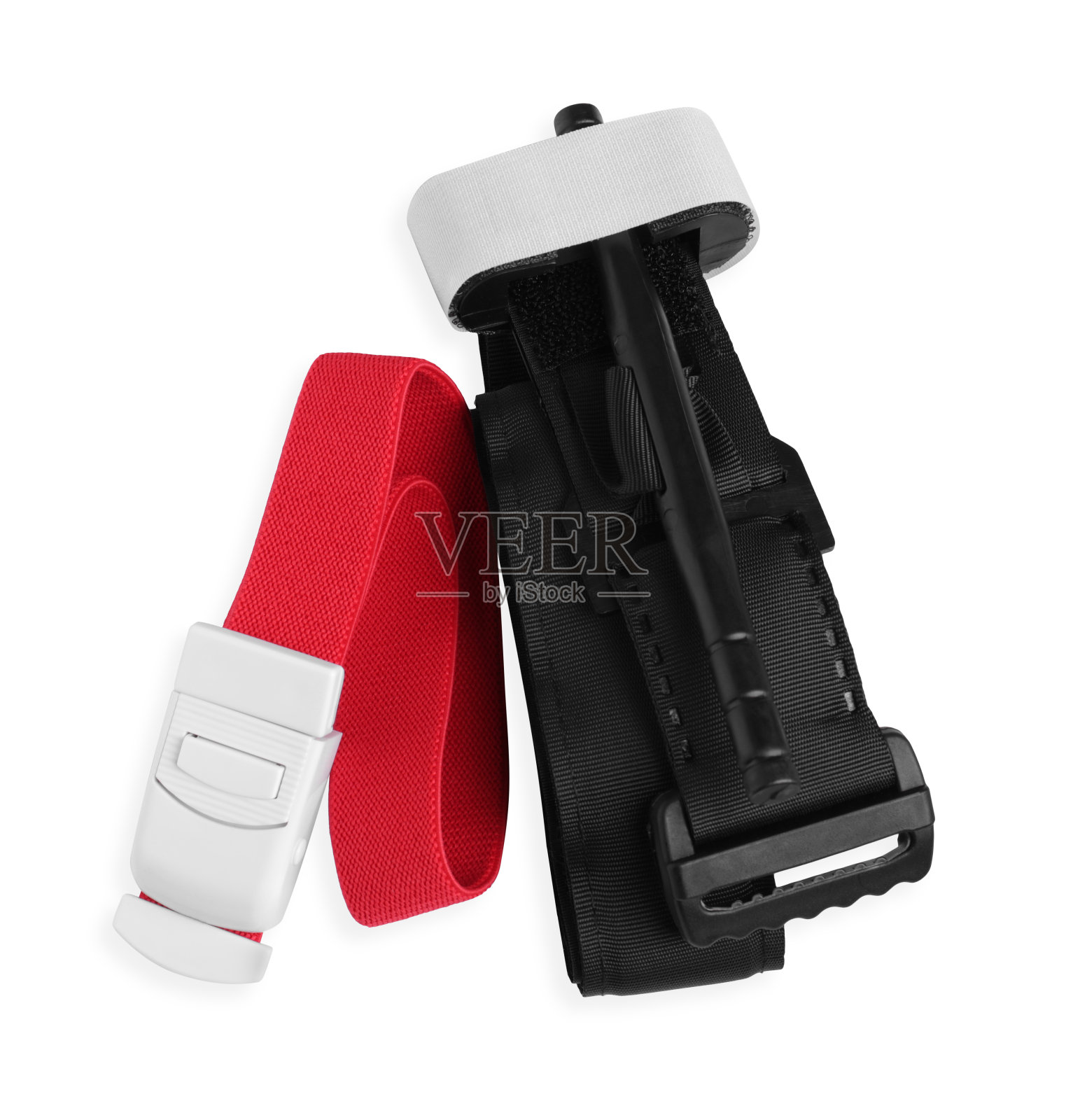 急救止血带隔离在白色,俯视图。医疗设备照片摄影图片