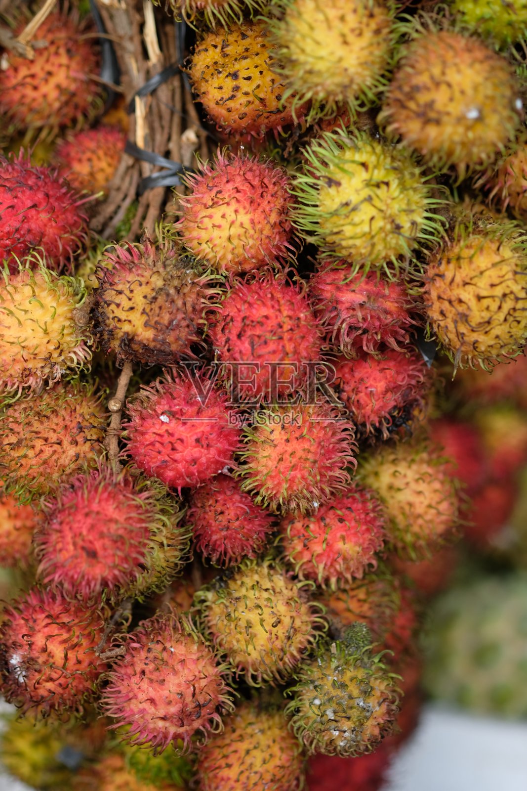 红毛丹是一种中等大小的热带树种,属于皂荚科。这个名字也指的是这种树产生的可食用的果实。一束新鲜红毛丹。综述近10照片摄影图片