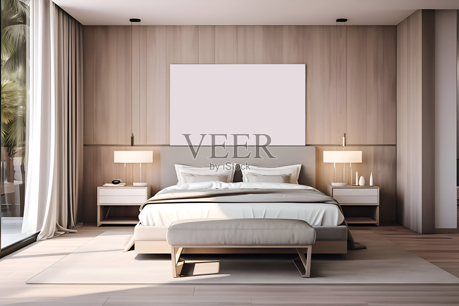 现代豪华卧室套房酒店与电视照片摄影图片