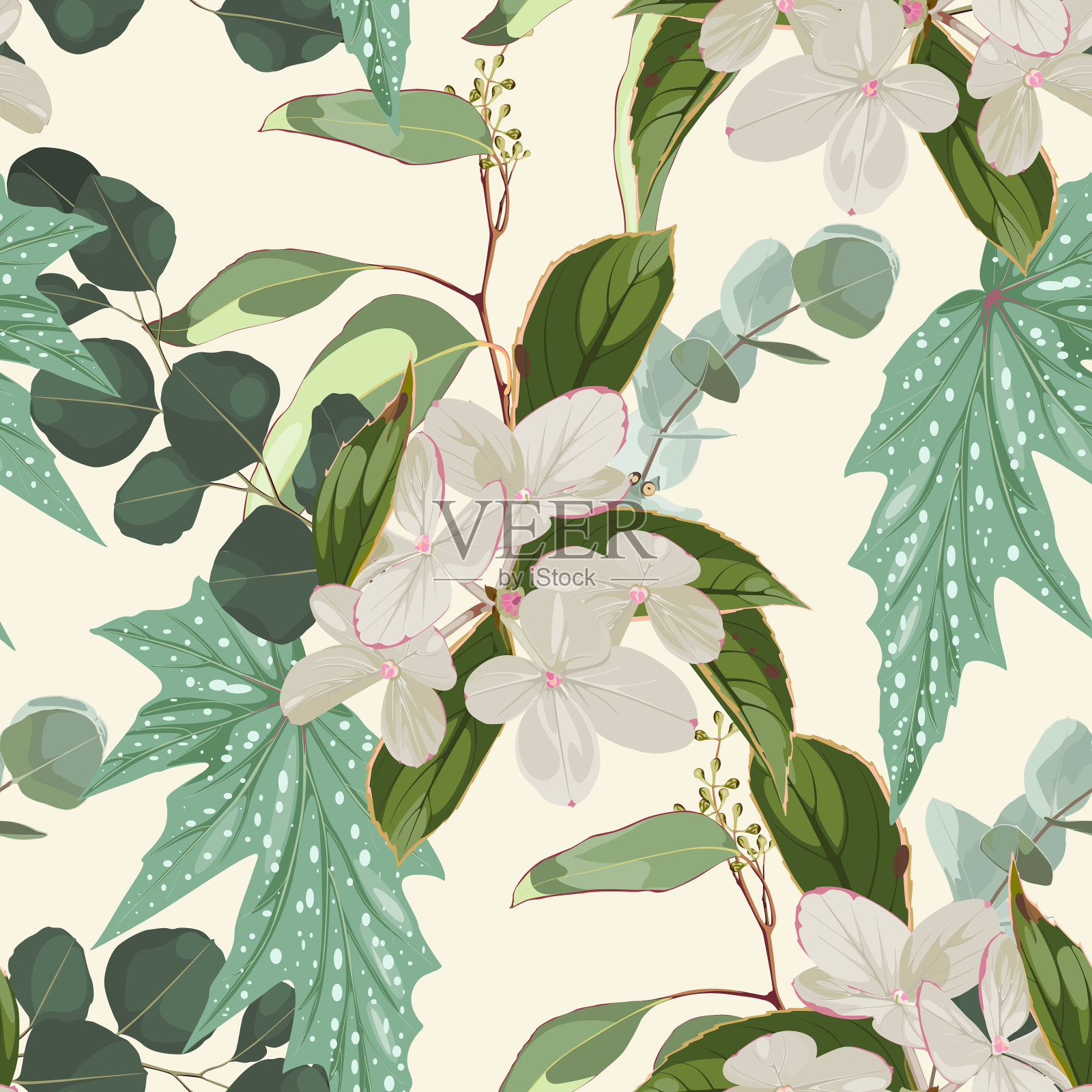 美丽的花卉无缝图案与绣球花插画图片素材