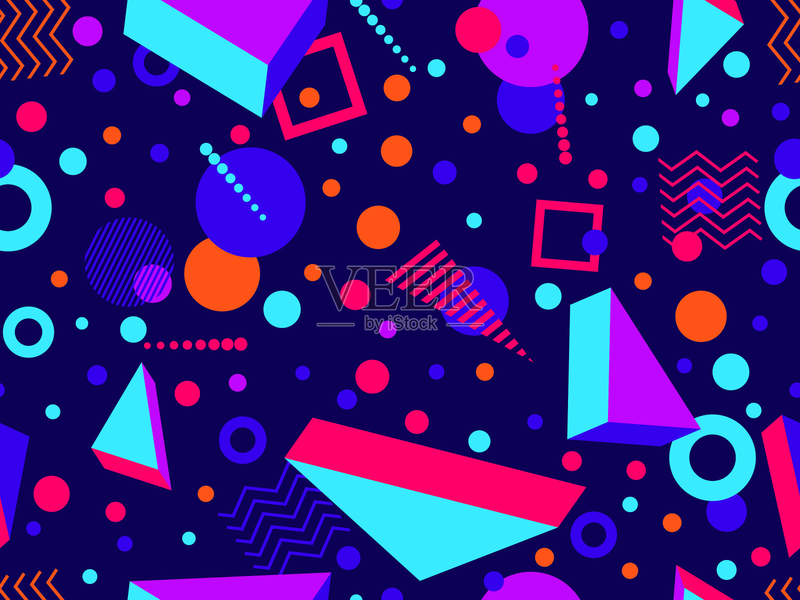 孟菲斯无缝图案与三维几何形状插画图片素材