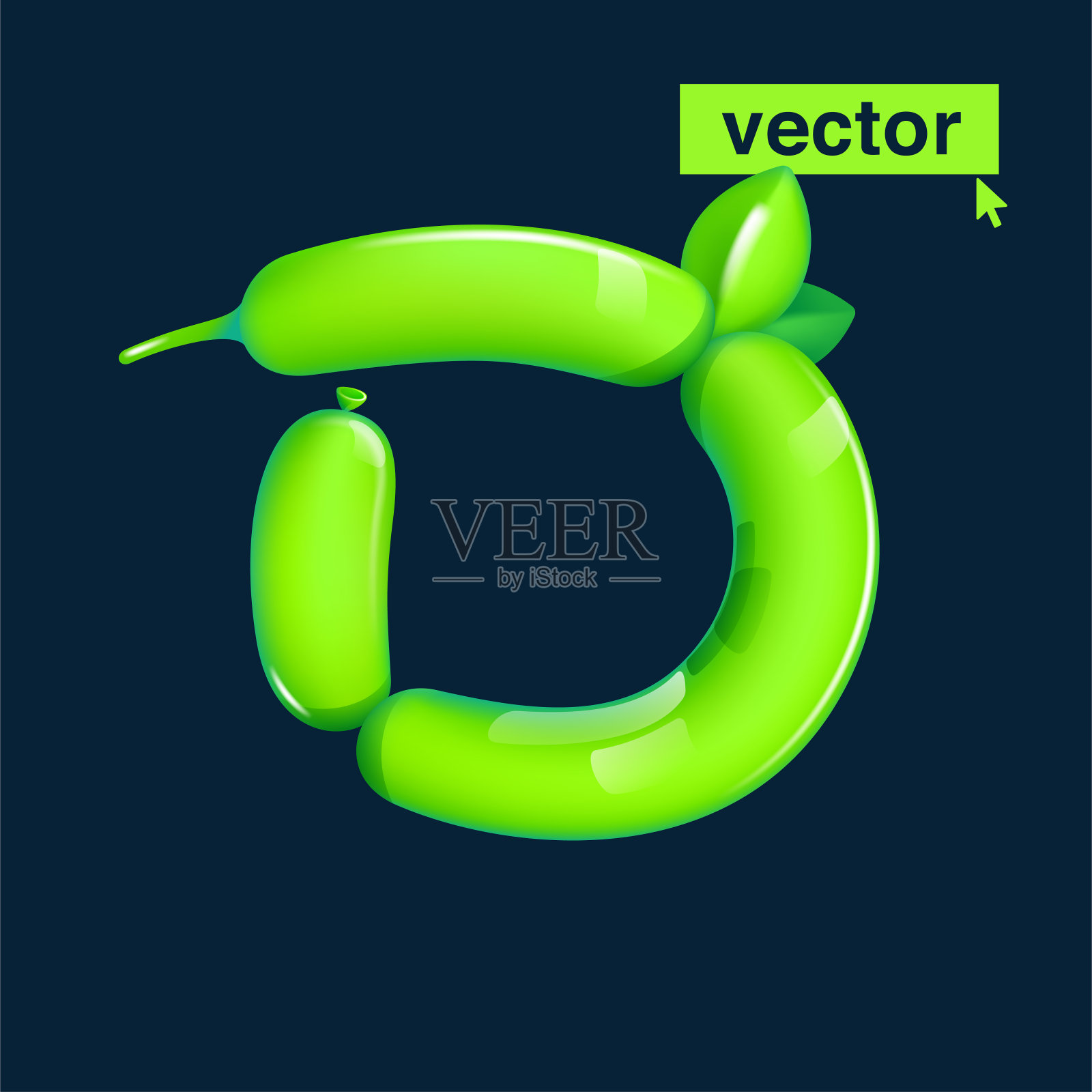 D字母标志由扭曲的气球制成。生态友好的现实3D渲染与绿叶。矢量元素在卡通风格。插画图片素材