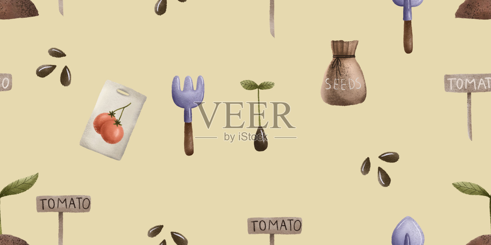 园艺无缝图案。园艺工具和番茄种子背景用铲子和耙子,育苗。农舍重复。农业插画图片素材