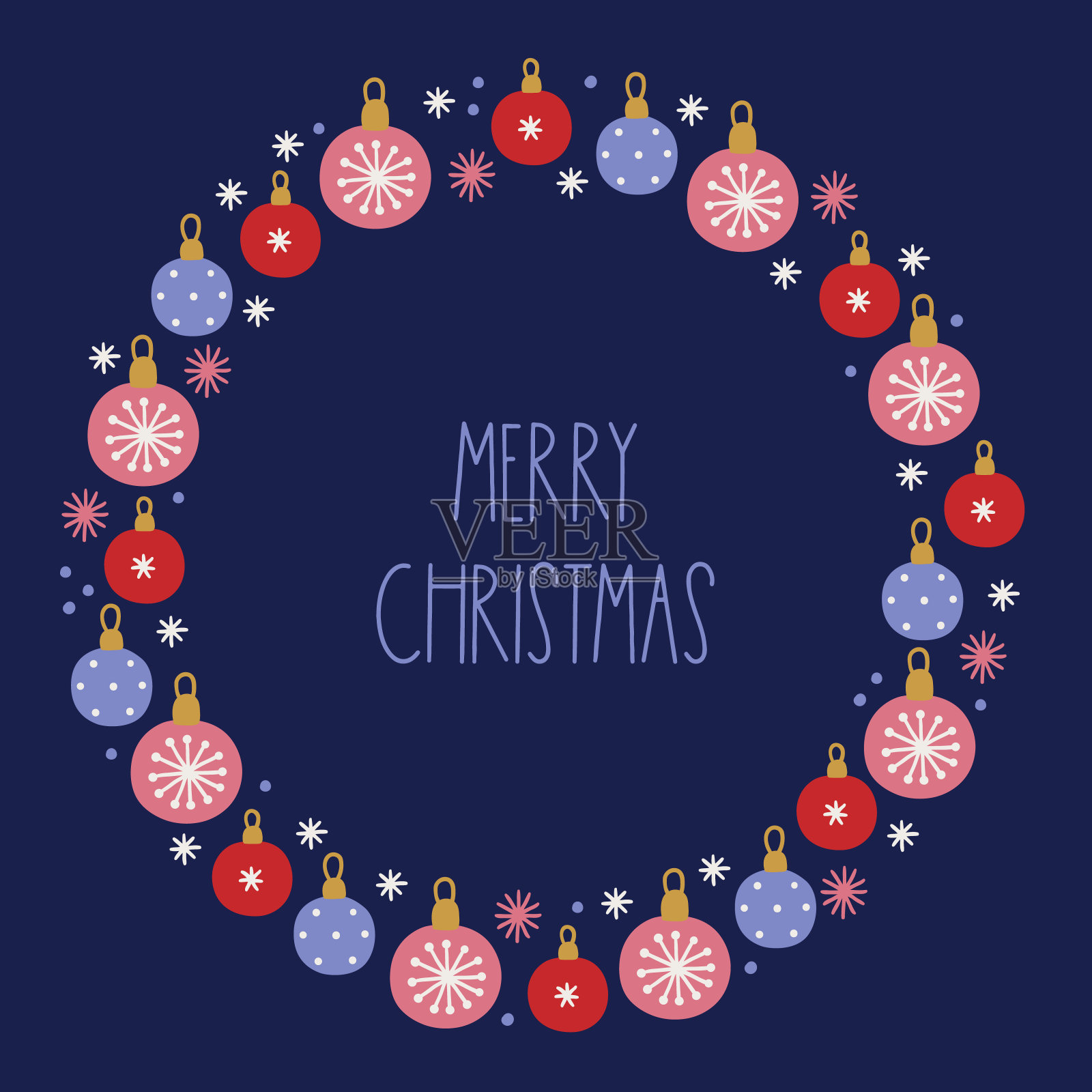 圣诞贺卡与球和雪花在紫色的背景插画图片素材