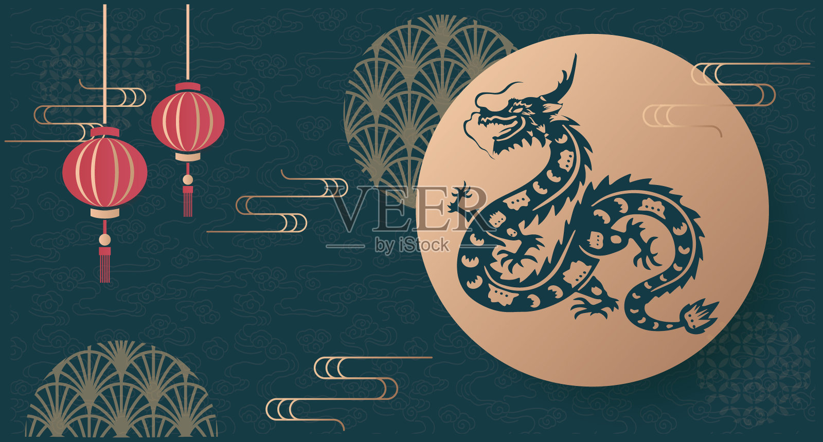 传统的3d中国龙插图矢量横幅中国龙2024。2024年是龙年。使用谷歌免费商业字体翻译:金钱和财富将是丰富的插画图片素材