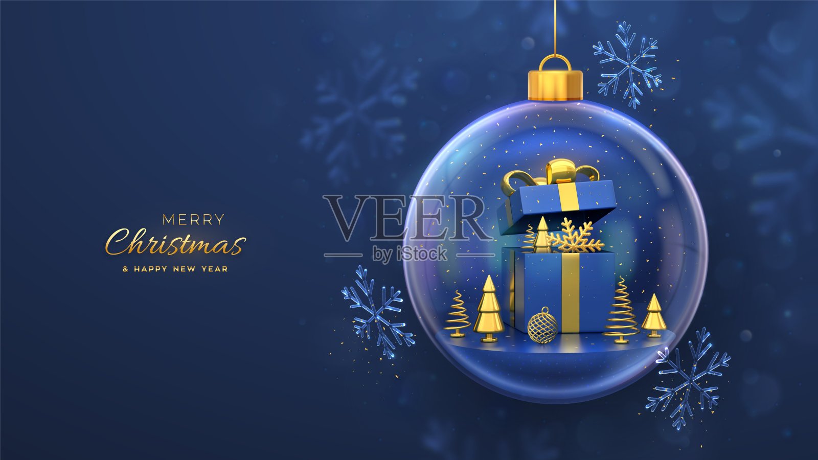 圣诞贺卡。打开礼盒,金色的雪花和闪亮的球,金属云杉树在一个玻璃球。新年圣诞背景,节日海报,横幅,传单。3D矢量插图。插画图片素材