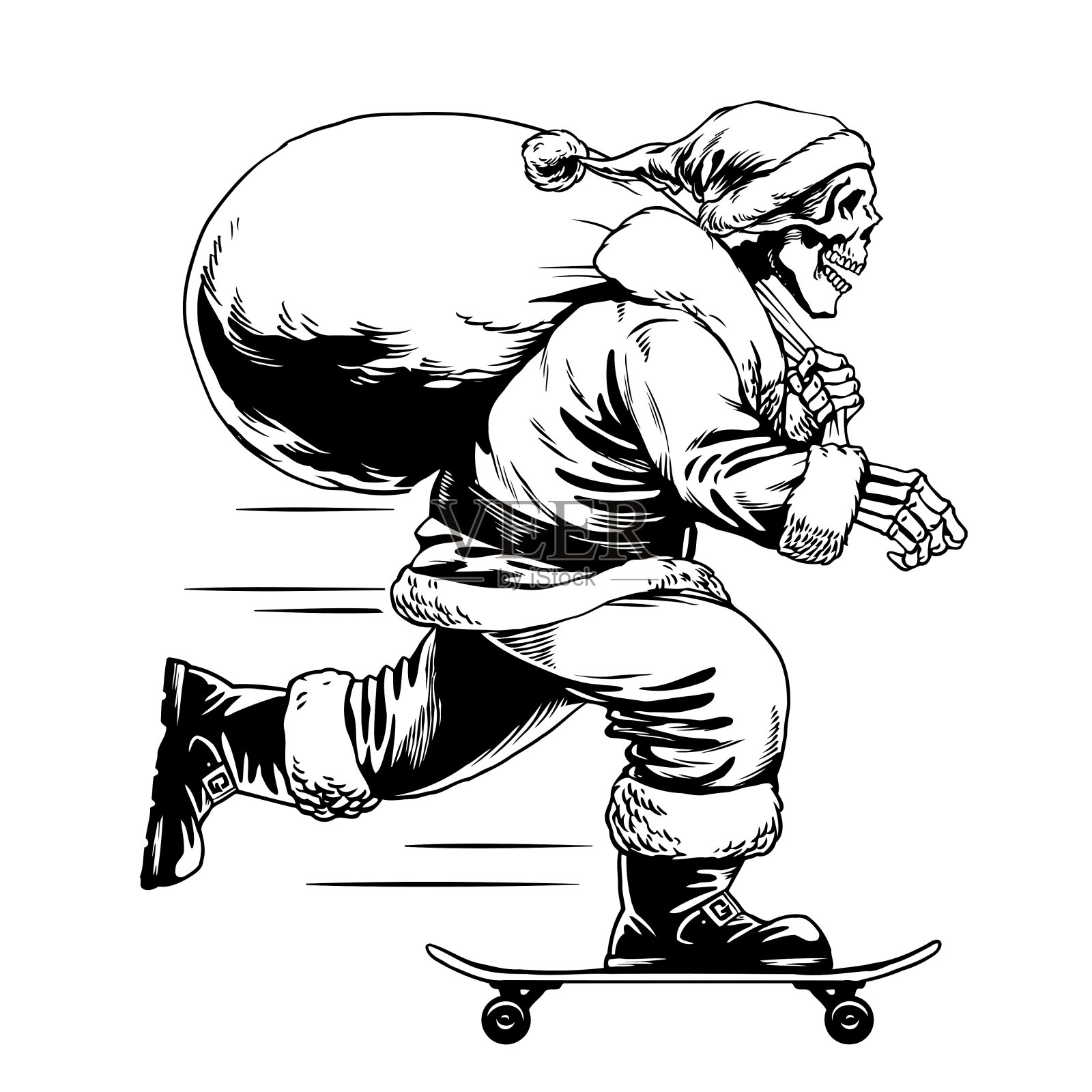 骷髅圣诞老人骑滑板的手绘插图插画图片素材
