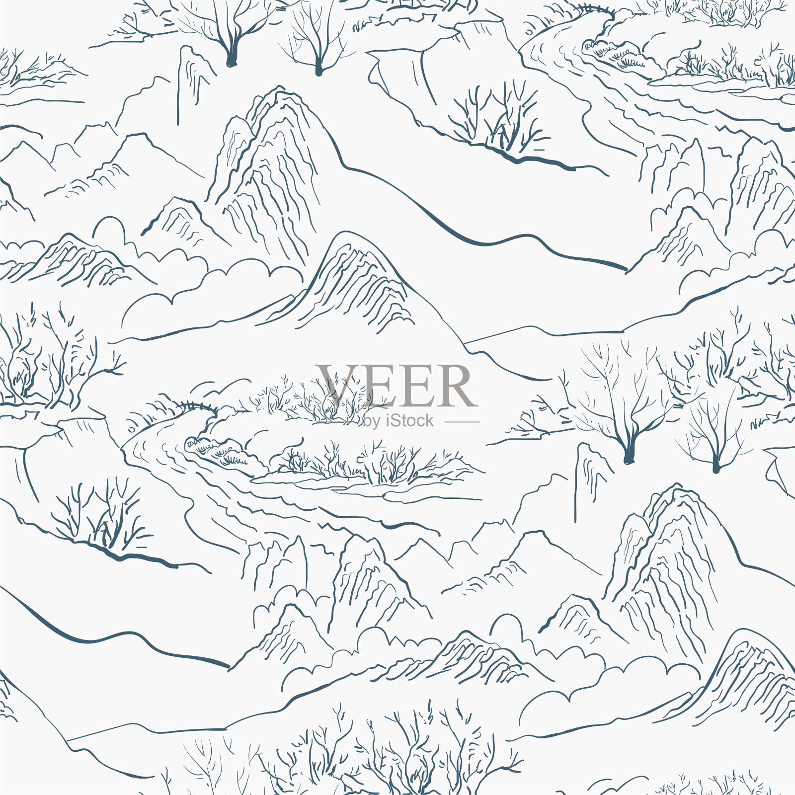 山景亚洲中国日本雕刻矢量无缝图案插画图片素材