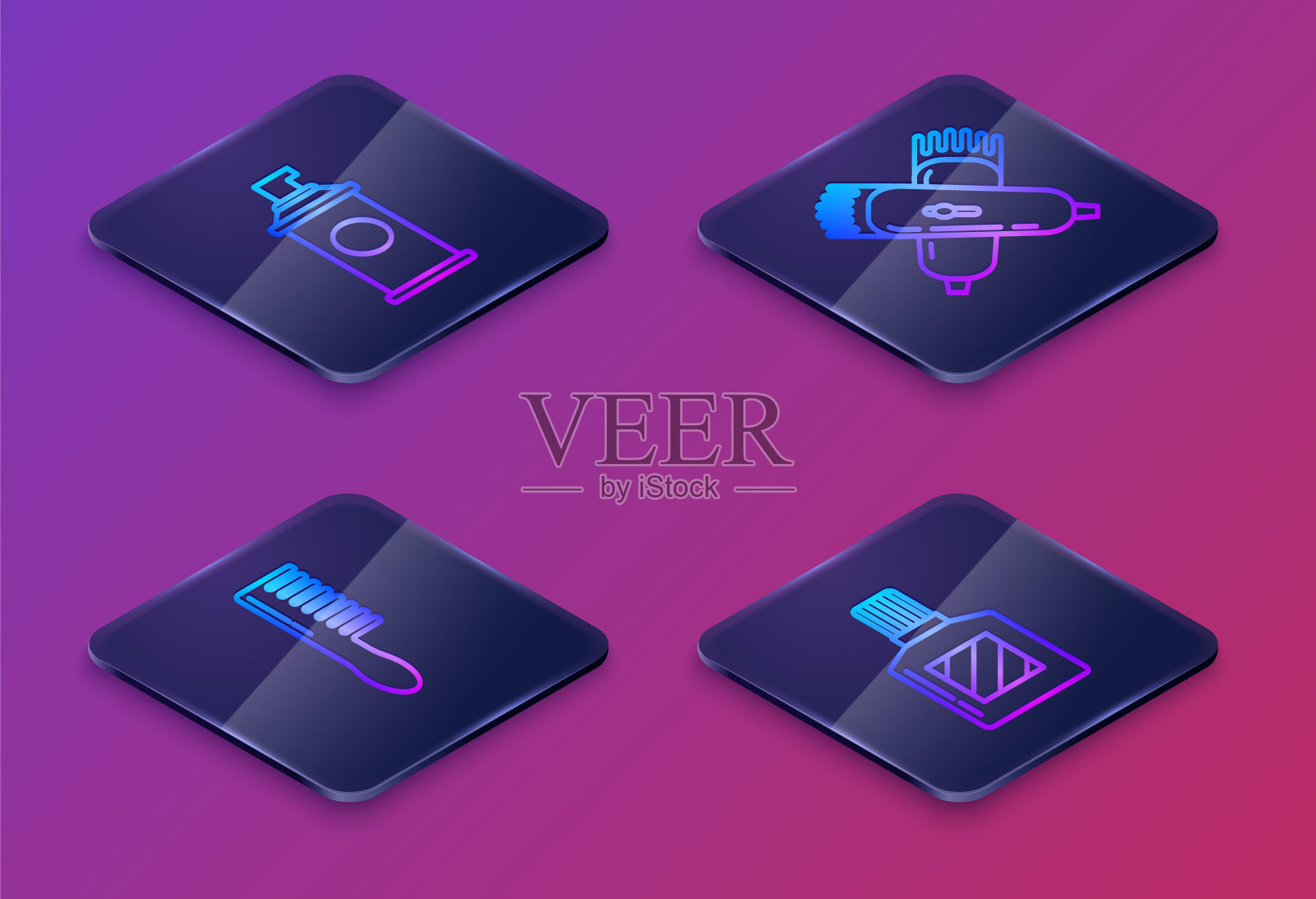 设定等距线剃须啫喱泡沫,发刷,交叉电动剪发器或剃须刀和须后水。蓝色方形按钮。向量插画图片素材