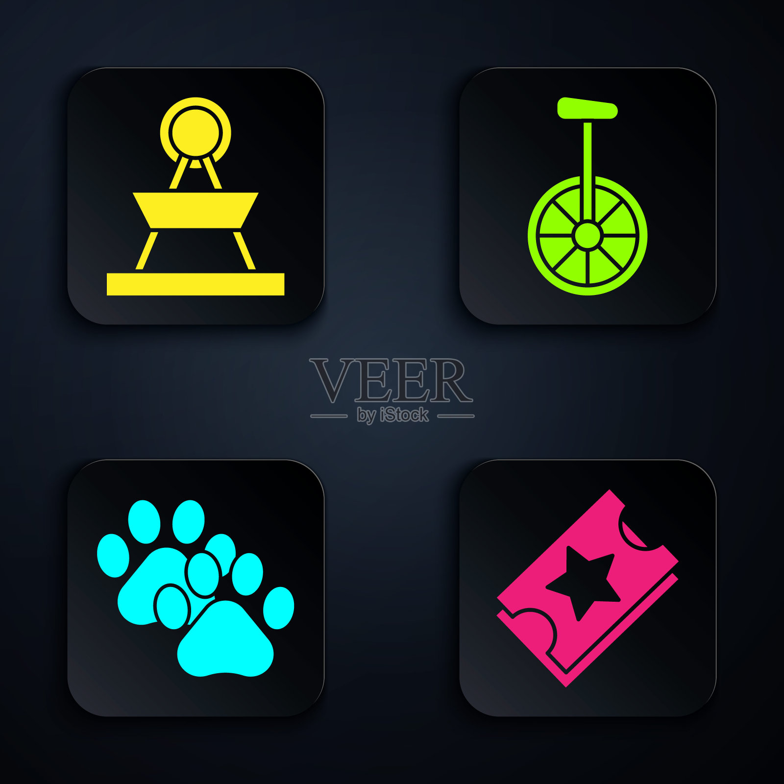 套票,景点旋转木马,爪印,独轮车或单轮自行车。黑色方形按钮。向量插画图片素材