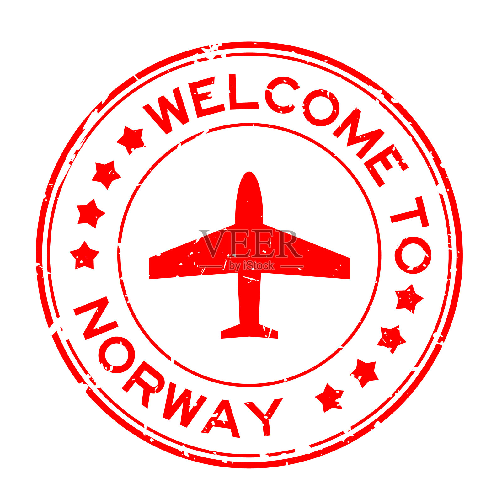 格伦格红色欢迎来到诺威字与飞机图标圆形橡胶密封邮票在白色背景插画图片素材
