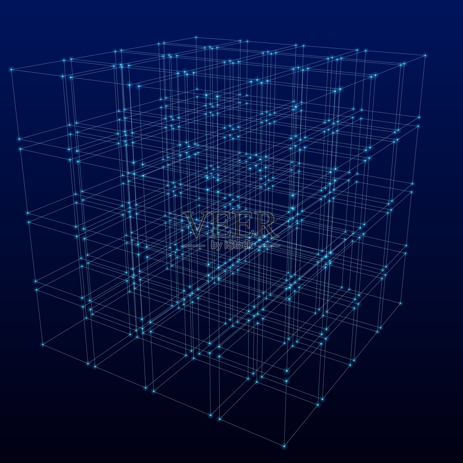 蓝色背景的三维线框立方体结构。插画图片素材