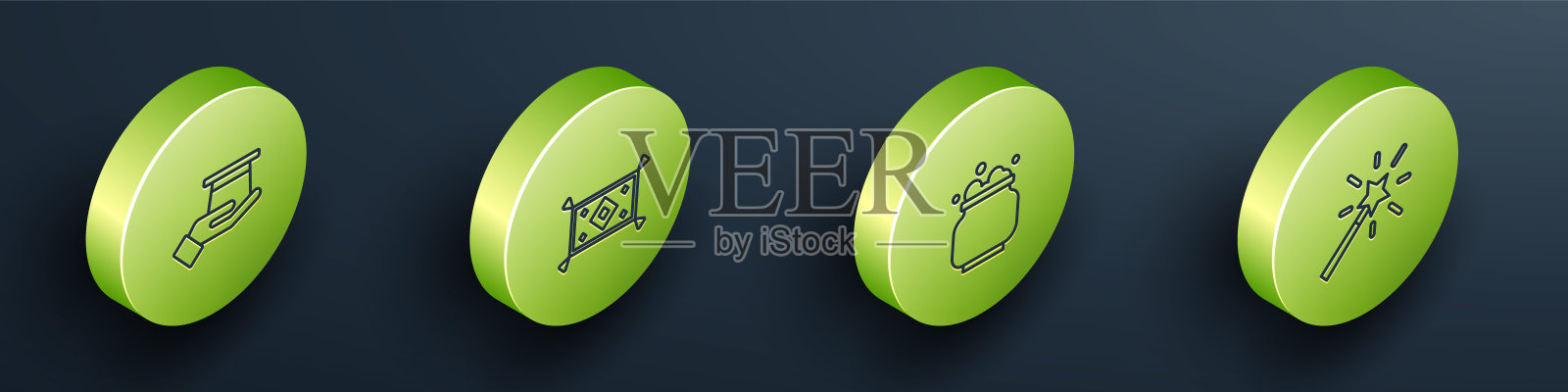 集等距线魔术师帽子在手,地毯,女巫坩埚和魔杖图标。向量插画图片素材