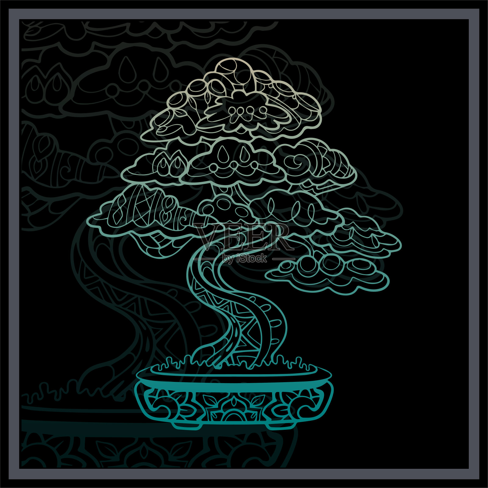 渐变彩色盆景树曼陀罗艺术孤立在黑色背景。插画图片素材