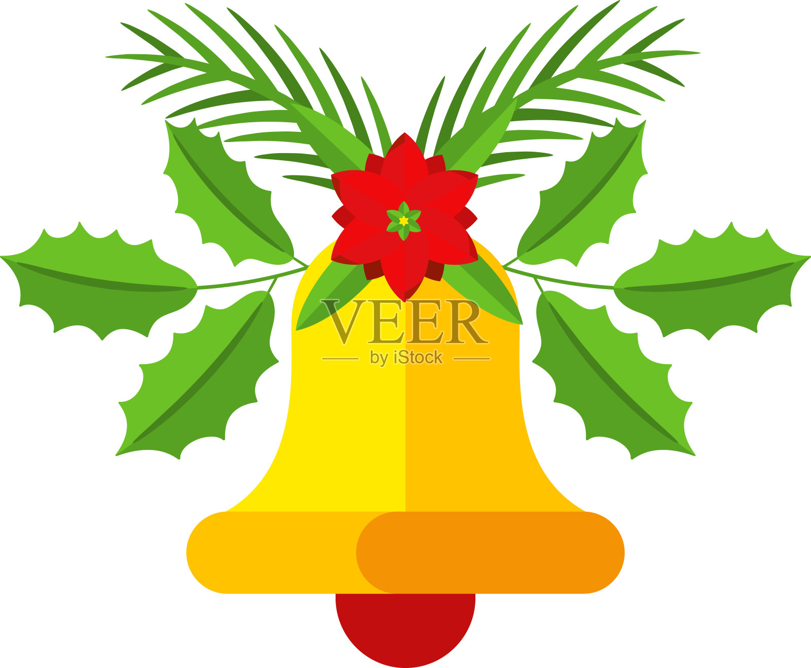 两个圣诞钟与一品红花和冷杉枝花卉花环。插画图片素材