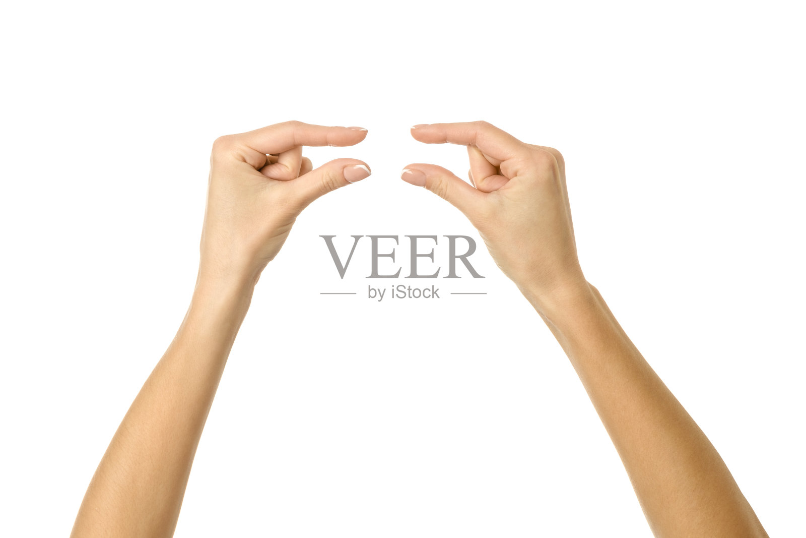 握住或测量手的女人的手势孤立在白色上照片摄影图片