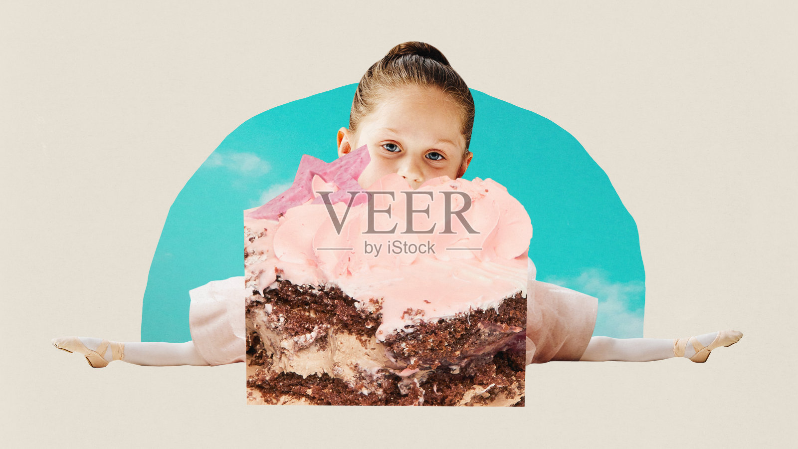 海报。当代艺术拼贴。现代创意艺术。小可爱的芭蕾舞女演员的小腿坐在劈叉和吃生日蛋糕。照片摄影图片