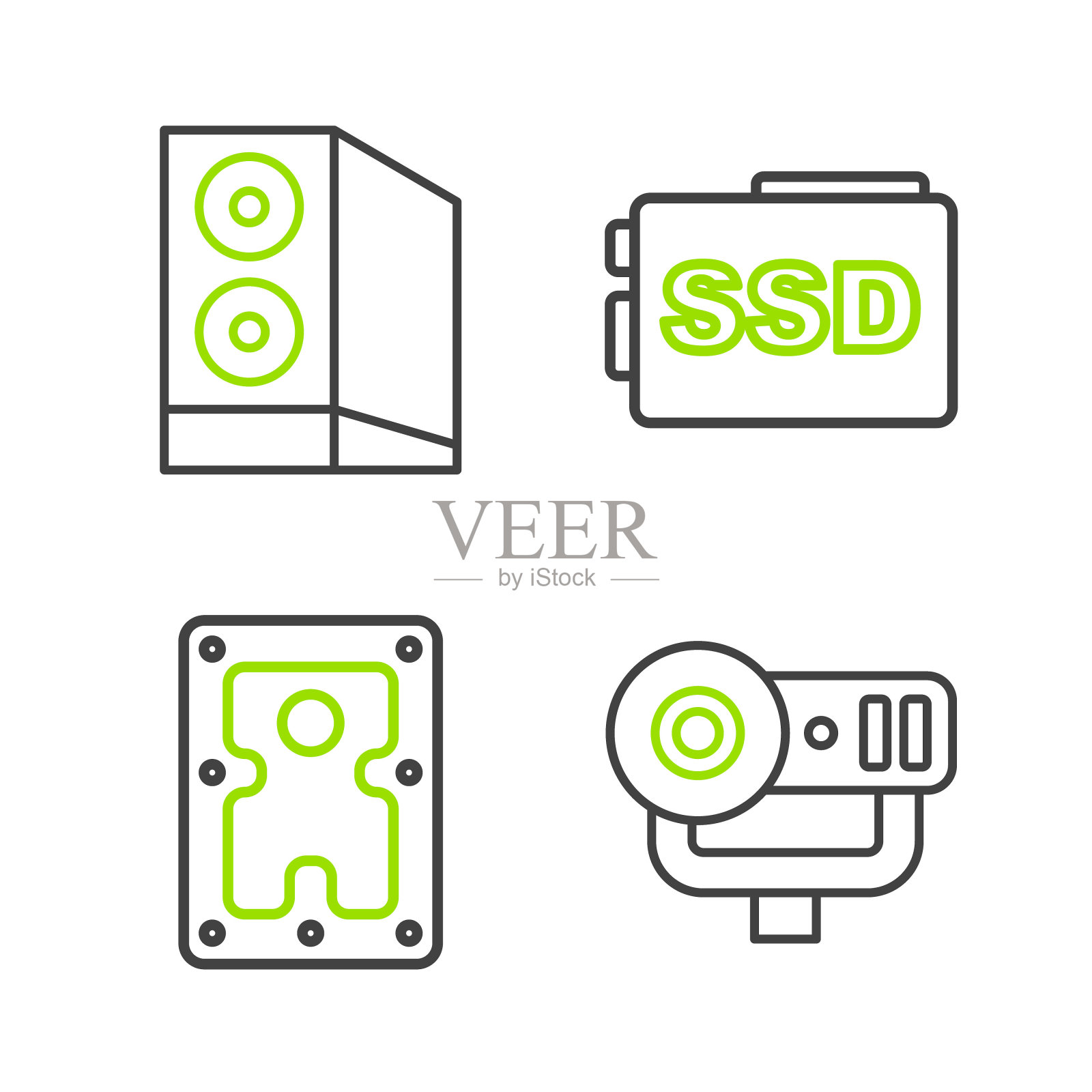 设置线网络摄像头,硬盘驱动器HDD, SSD卡和电脑图标。向量插画图片素材