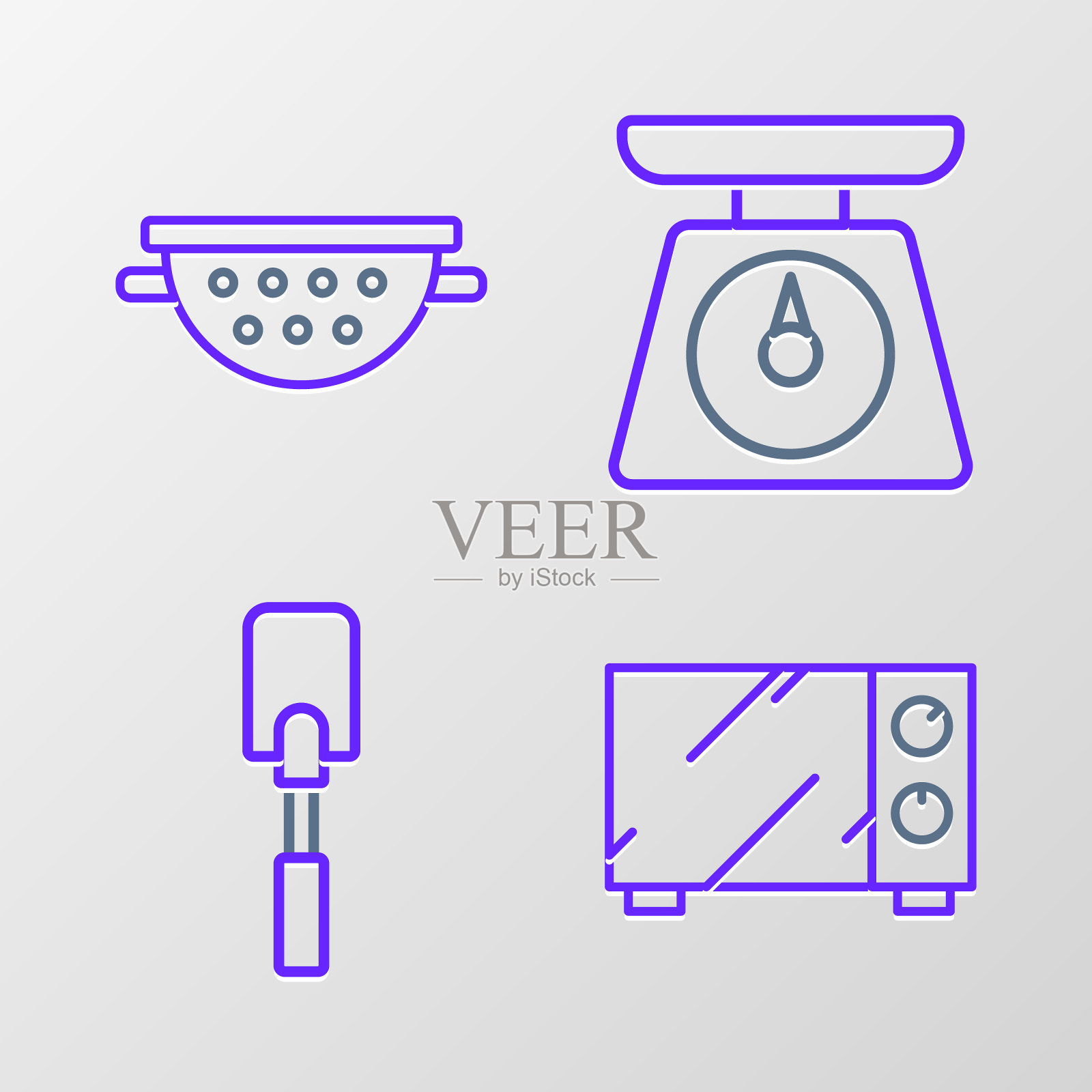 设置线微波炉,锅铲,鳞片和厨房滤器图标。向量插画图片素材