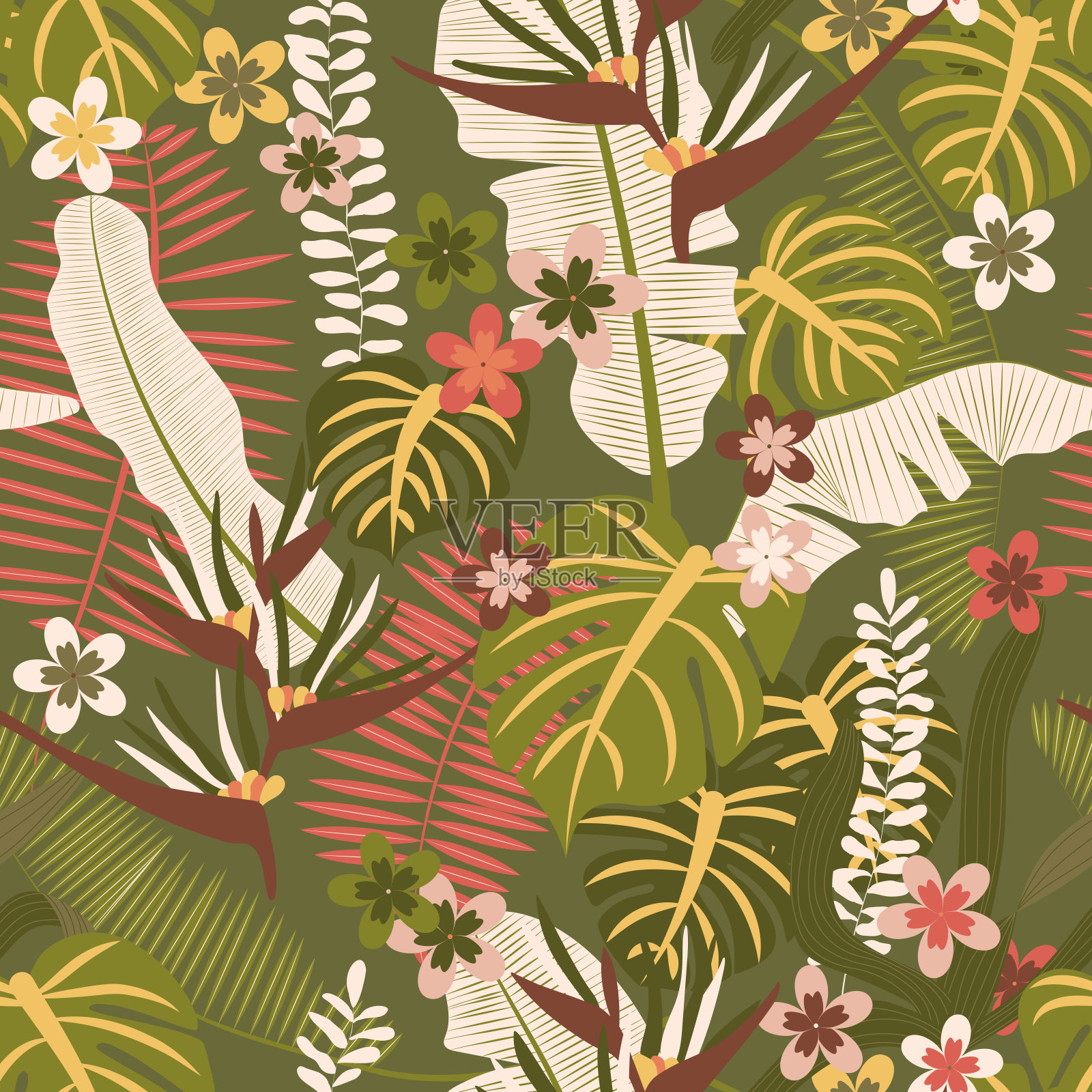 丛林无缝图案与异国情调的热带树叶和花朵。矢量植物背景在现代简单的风格完美的纺织品,卡片,剪贴簿,包装纸为儿童和成人插画图片素材
