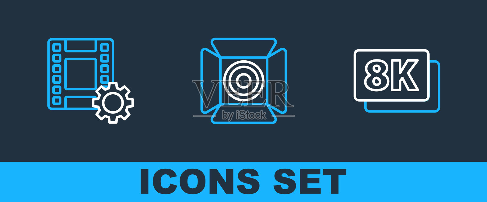 设置线8k超高清,播放视频和电影聚光灯图标。向量插画图片素材