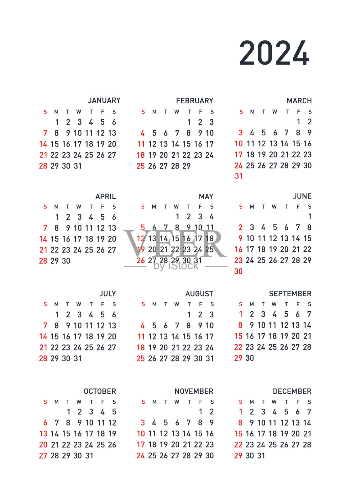 日历2024年的一周从星期日开始插画图片素材