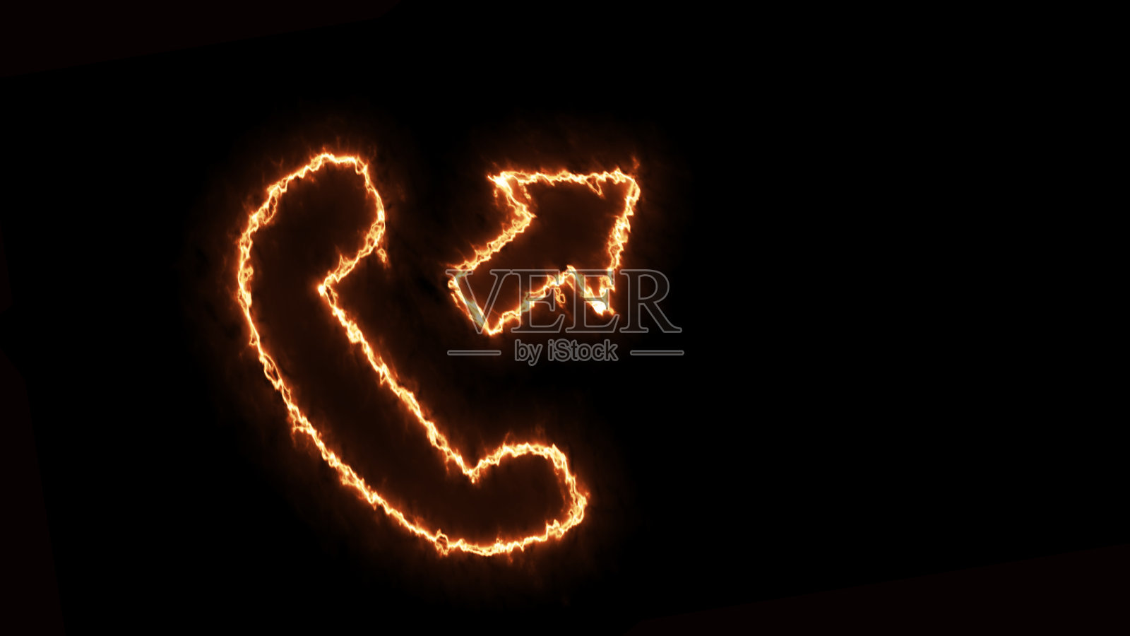 黑色背景。三维发光线框符号的电话符号孤立在黑色背景。调用正常图标。平面设计。橙色的手机图标。照片摄影图片