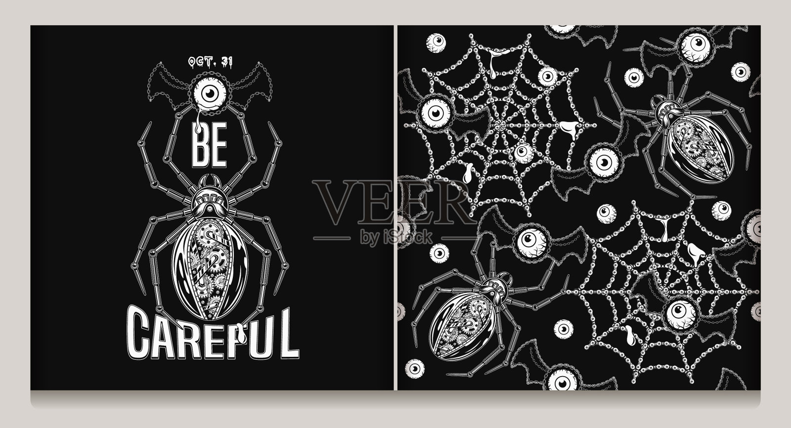 万圣节图案标签与怪物蜘蛛的眼睛插画图片素材