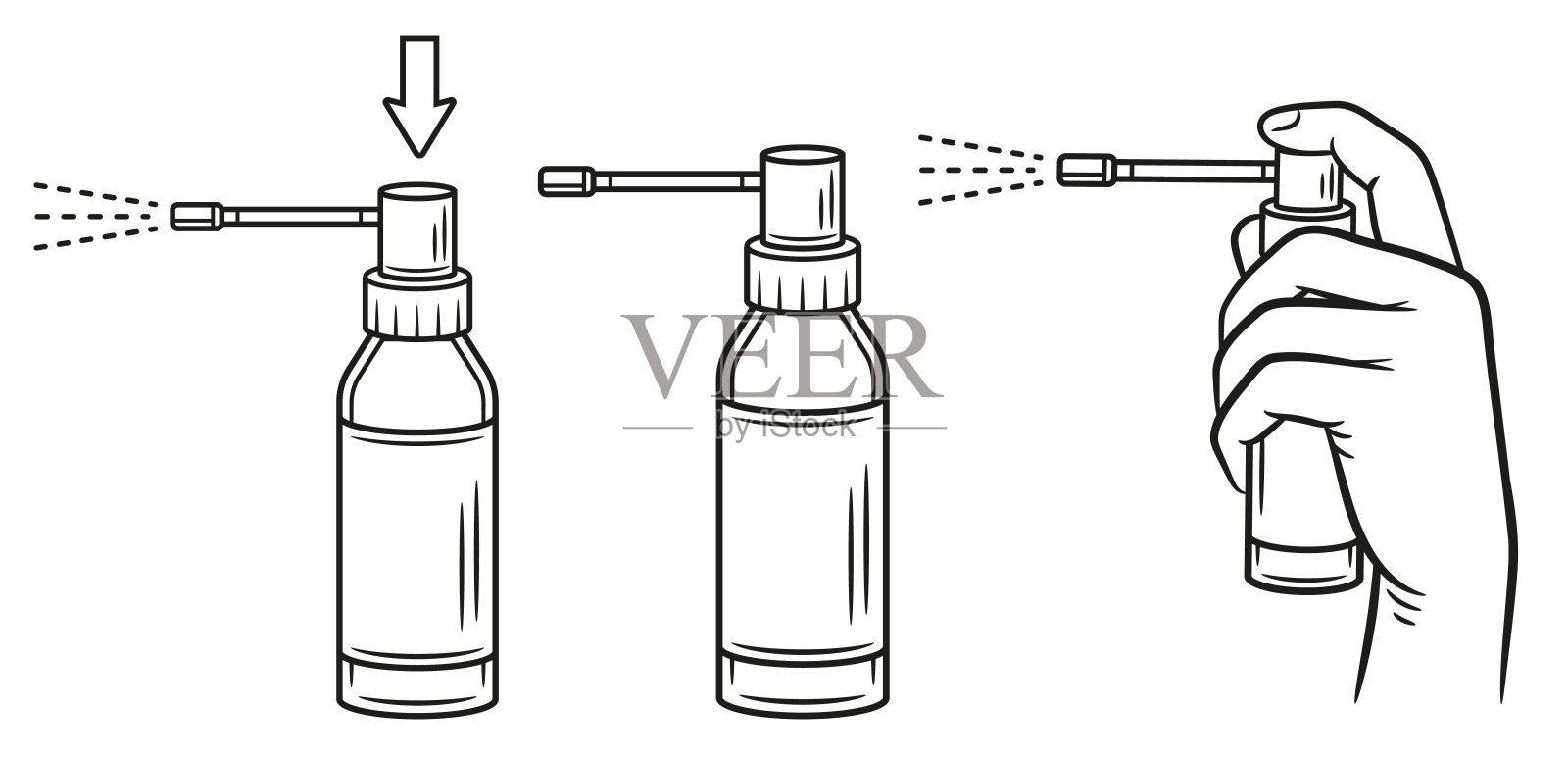 用于喉咙痛的医用喷雾器,使用药房口腔卫生喷雾器,液体口服气雾剂药品说明线图标集。用手按压消毒瓶。家用化学产品。向量插画图片素材