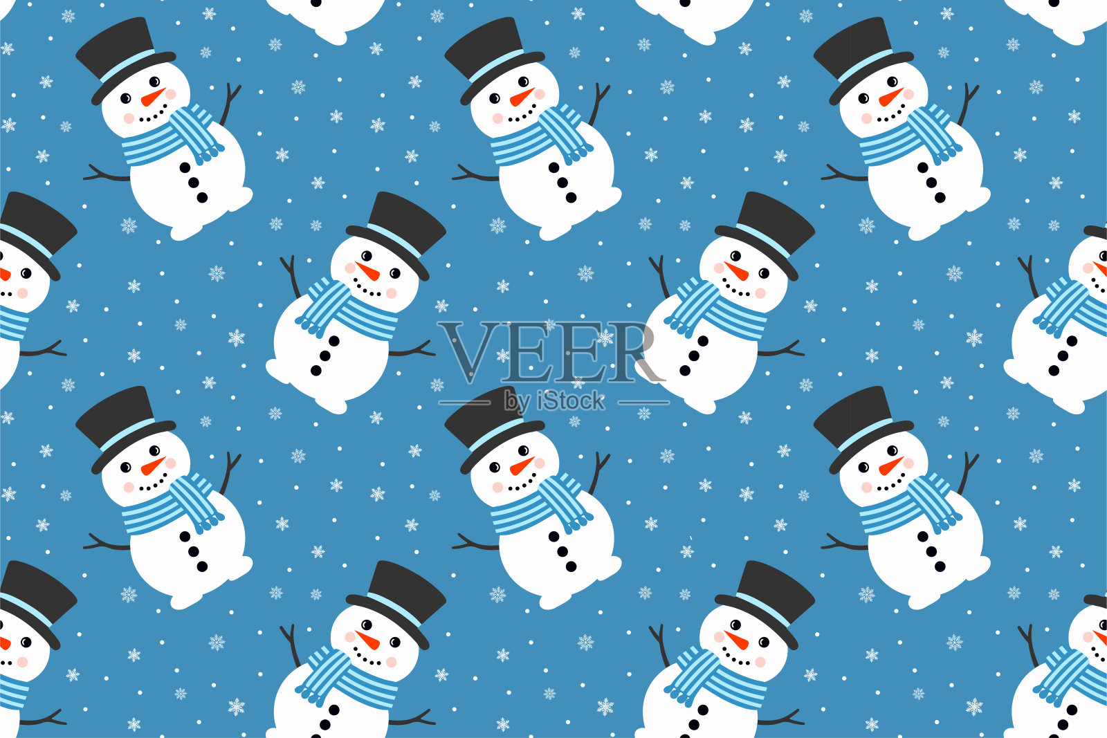 可爱的矢量雪人无缝图案。飘落的雪花在蓝色的背景。圣诞和新年设计插画图片素材