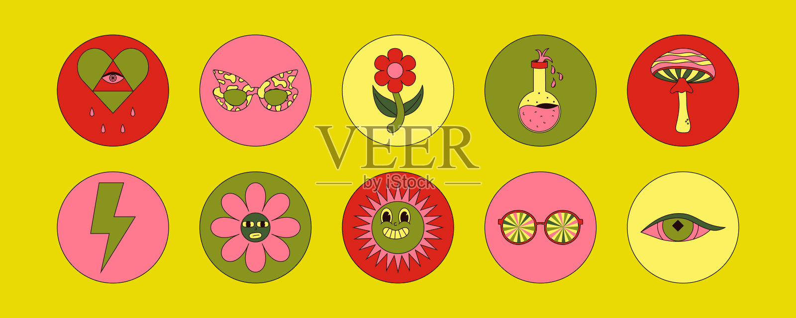 收集迷幻groovy元素与复古的颜色。蘑菇、向日葵花瓣、嘴唇、眼睛、太阳镜等等。复古矢量插图。插画图片素材